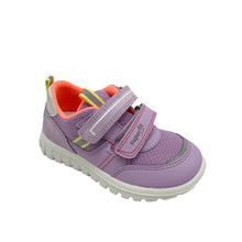 Load image into Gallery viewer, A child's sneaker in purple and orange with double velcro straps, a suede trim, and a non-slip sole.