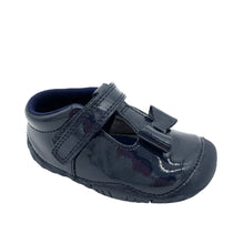 Load image into Gallery viewer, A navy patent pre-walker/cruiser shoe for babies with a soft leather upper and a bow feature on the front.