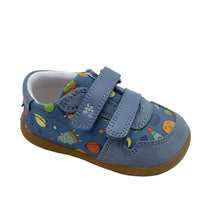 Load image into Gallery viewer, Indigo blue Garvalin barefoot shoe with a pattern of planets and rockets, featuring a Velcro closure and a rubber toe guard.