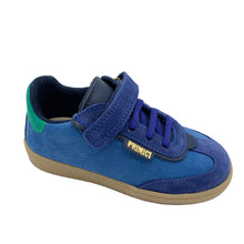 Load image into Gallery viewer, A child's blue Primigi leather trainer with a green detail, featuring elastic laces and a single velcro fastening.