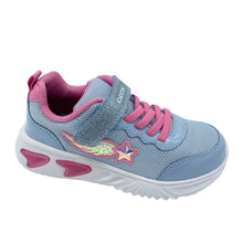 Load image into Gallery viewer, Children's blue and pink sneaker on a white background