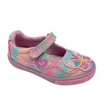 Load image into Gallery viewer, A lilac and multicolored sparkling Lelli Kelly Margarery Dolly shoe with heart-shaped beading and a butterfly design.