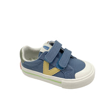Load image into Gallery viewer, A child's blue canvas shoe with yellow V detail and green heel, featuring double velcro fastenings.