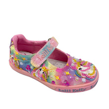 Load image into Gallery viewer, A multicolored Lelli Kelly Unicorn Rainbow Dolly shoe with hand stitched unicorn design and a pink Velcro strap.