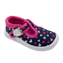 Load image into Gallery viewer, A pair of Startrite Wiggles Canvas T-Bar shoes for girls, featuring a navy and pink heart pattern, with a white sole and a clip buckle fastening.