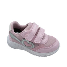 Load image into Gallery viewer, A pink and silver Geox Sprintye Trainer with a tiger design along the side, featuring double velcro fastening and a sparkle heart detail.