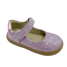 Load image into Gallery viewer, A pink glittery Primigi Barefoot Mary Jane shoe with a Velcro strap and a soft padded heel.