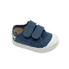 Load image into Gallery viewer, A blue Victoria Junior 136606 Jeans shoe with double velcro fastenings and a white sole.