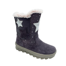 Load image into Gallery viewer, A pink, purple, and silver Superfit leather boot with a star print and a fleece lining visible at the top, featuring a side zip and a waterproof sole.