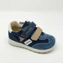 Load image into Gallery viewer, A pair of Primigi children's casual trainers in blue, tan, and white with double velcro fastenings and a suede leather upper.