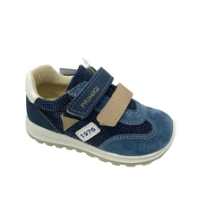 Load image into Gallery viewer, A pair of Primigi children's casual trainers in blue, tan, and white with double velcro fastenings and a suede leather upper.