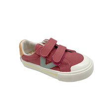 Load image into Gallery viewer, A strawberry pink canvas sneakers with grey V and a pop of orange on the heel, featuring double velcro fastenings and a non-slip rubber sole.