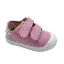 Load image into Gallery viewer, A pink Victoria Junior sneaker with double velcro fastenings and a white sole.