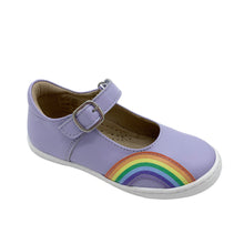 Load image into Gallery viewer, A lilac-colored Petasil Mary Jane shoe with a rainbow detail along the side, featuring a soft flexibile sole unit, supportive heel cup, and a classic buckle fastening.