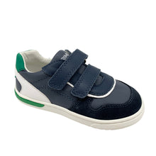 Load image into Gallery viewer, A blue and green Primigi kid's sneaker with double velcro fastening and a rubber sole.