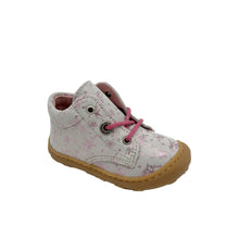 Load image into Gallery viewer, A white Ricosta fairy shoe with a pink fairy print and pink laces.
