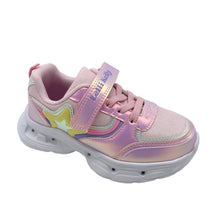 Load image into Gallery viewer, A pink Lelli Kelly Margerita Lights Trainer with iridescent details, a row of colored lights on the sole, a single velcro strap, and an elasticated lace. A star detail is visible along the side.