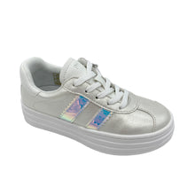 Load image into Gallery viewer, A white Primigi Volee trainer with iridescent lace and stripe detail, side zip, and a flexible non-slip rubber sole.