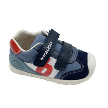 Load image into Gallery viewer, Biomechanics children's shoe with petrol blue and navy colors, featuring a Velcro strap and a logo on the side.
