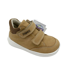 Load image into Gallery viewer, A toddler's cognac brown Primigi shoe with double velcro fastening and a flexible sole.