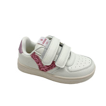 Load image into Gallery viewer, A white leather children's shoe with double velcro fastenings and a non-slip rubber sole, featuring pink and red sparkle trim.