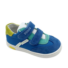 Load image into Gallery viewer, A child's Primigi Tecnic Ocean/Baltic sneaker with blue upper material, green and yellow accents, and double velcro fastenings.