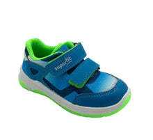 Load image into Gallery viewer, A child's trainer featuring a rubber non-slip sole, blue and green textile upper with double velcro fastenings, and a padded insole.