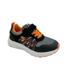 Load image into Gallery viewer, A pair of black and orange Garvalin trainers with a lace-up closure, rubber toe guard, and padded ankle.