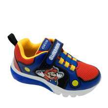 Load image into Gallery viewer, A child's trainer featuring Super Mario characters with a blue, red, and yellow color scheme, including lights on the sole.
