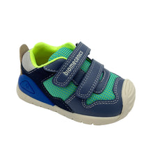 Load image into Gallery viewer, A child's shoe with a blue and green upper and a white sole, featuring double velcro straps.