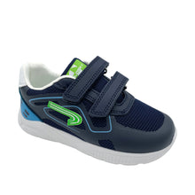 Load image into Gallery viewer, A child's navy blue trainer with green accents and double velcro straps.