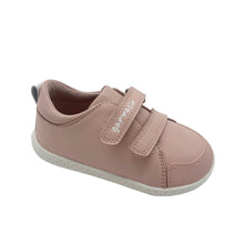Load image into Gallery viewer, A single pink Garvalin barefoot shoe with double velcro straps and a rubber toe guard, on a white background.