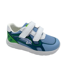 Load image into Gallery viewer, A child's Pablosky trainer in white, blue, and green colors with double velcro straps.