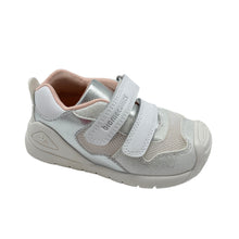 Load image into Gallery viewer, A child's Biomechanics trainer in white and silver colors with a Velcro strap.