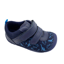 Load image into Gallery viewer, A navy blue Nubuck leather toddler shoe with red and yellow trim and a dinosaur pattern, featuring a rubber sole and Velcro fastening.