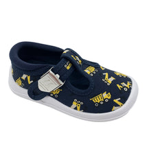 Load image into Gallery viewer, A pair of Startrite Wiggles Canvas T-Bar Navy Digger shoes with a breathable canvas upper featuring a navy color with yellow digger prints and a clip buckle fastening.