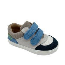Load image into Gallery viewer, A child's shoe in blue, navy, and white colors with a leather and textile upper, featuring double velcro fastenings and a lightweight sole.
