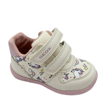 Load image into Gallery viewer, A pair of Geox Zapito Unicorn ivory/pink children's sneakers with Velcro straps and a pattern of unicorns and rainbows.