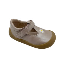 Load image into Gallery viewer, A taupe pearlised leather children's shoe with a daisy flower decoration on the top strap and a flexible, non-slip rubber sole.