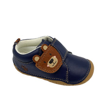 Load image into Gallery viewer, A navy blue leather pre-walker/cruiser shoe for babies with a bear face design on the top and red and yellow trim.