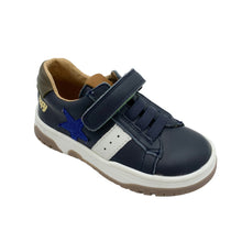 Load image into Gallery viewer, A navy and tan Bopy Vericale Marine shoe with elasticated lace and single velcro fastening, featuring a star detail along the side.
