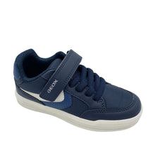 Load image into Gallery viewer, A navy and blue Geox Arzach boys shoe with a velcro strap and elastic laces, featuring a white sole.