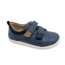 Load image into Gallery viewer, A denim blue leather children's shoe with double velcro fastening and a white sole.