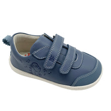 Load image into Gallery viewer, A blue Garvalin barefoot shoe with dinosaur characters on the side, featuring double velcro straps and a rubber toe guard.