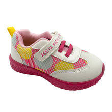 Load image into Gallery viewer, Children's sneaker with white, pink, yellow, and multicolored design featuring hearts and a velcro strap.