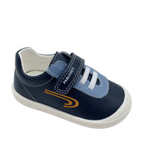 Load image into Gallery viewer, A navy Pablosky Leader-Tech First Walker Trainer with blue accents and orange details, featuring a hook and loop closure.