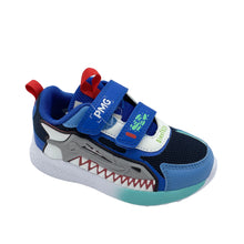 Load image into Gallery viewer, A child's light-up trainer featuring a shark design with blue, white, and red colors, and double velcro fastening.