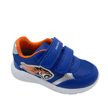 Load image into Gallery viewer, A child's royal blue Geox trainer with orange accents and a tiger graphic on the side.