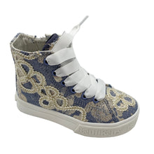 Load image into Gallery viewer, A pair of blue high-top sneakers with gold embroidery and white laces, featuring a side zipper and hand-stitched beading.