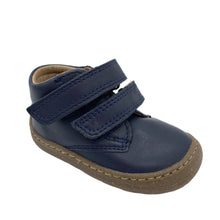 Load image into Gallery viewer, A navy blue Superfit Saturnus First Walker shoe with double velcro fastenings and a leather upper and insole, on a white background.